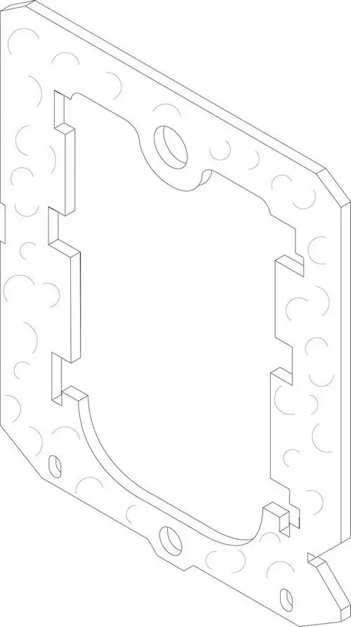 Detaillierte technische Zeichnung eines Wärmeschutzteils von Bosch, mit Ausschnitten und Löchern für die Montage, im Isometrischen Format dargestellt.
